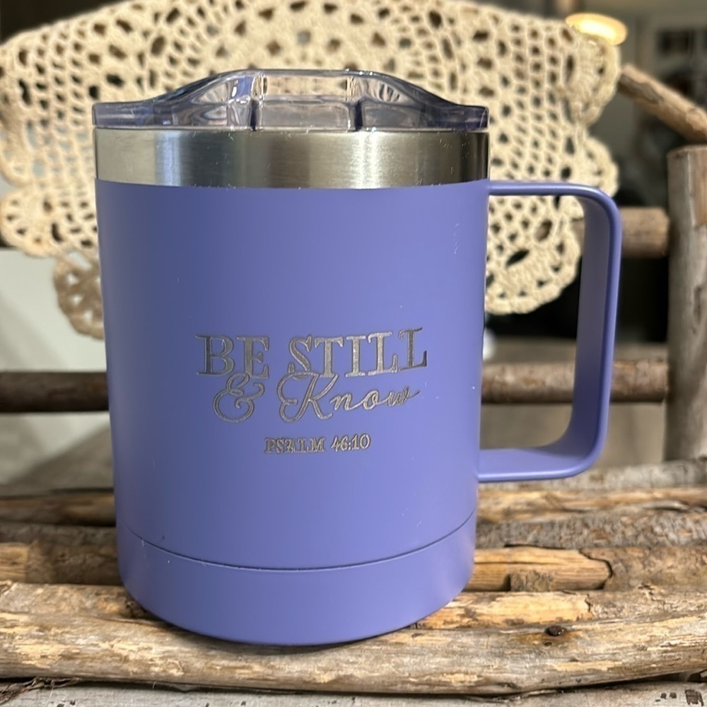 PRE OWNED BE STILL AND KNOW PSALMS 46:10 LAVENDER CAMP STYLE STAINLESS STEEL MUG - Picture 2 of 12